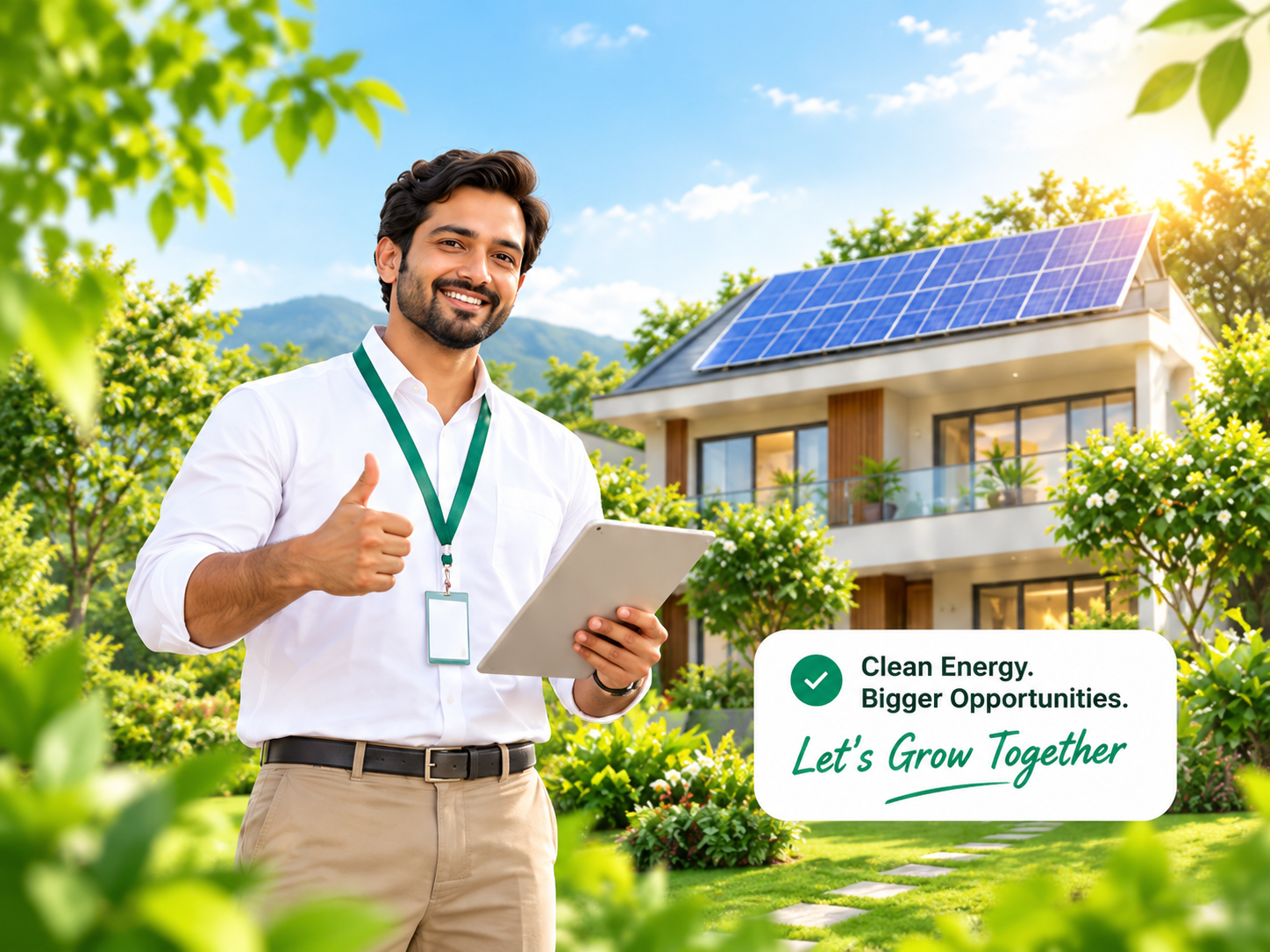 Bhoomi Saarthi Channel Partner with a tablet, solar home in a sunlit garden
